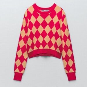 Zara Pink Red and Peach Argyle Cropped Checkered Sweater